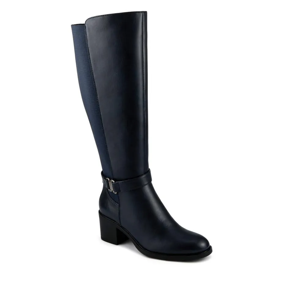 Block Heel Long Boots - Navy