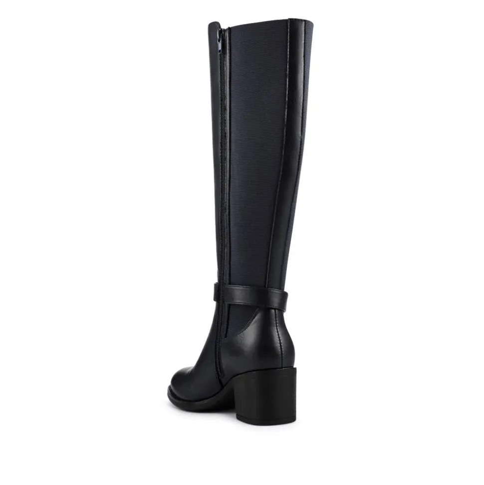 Block Heel Long Boots - Navy