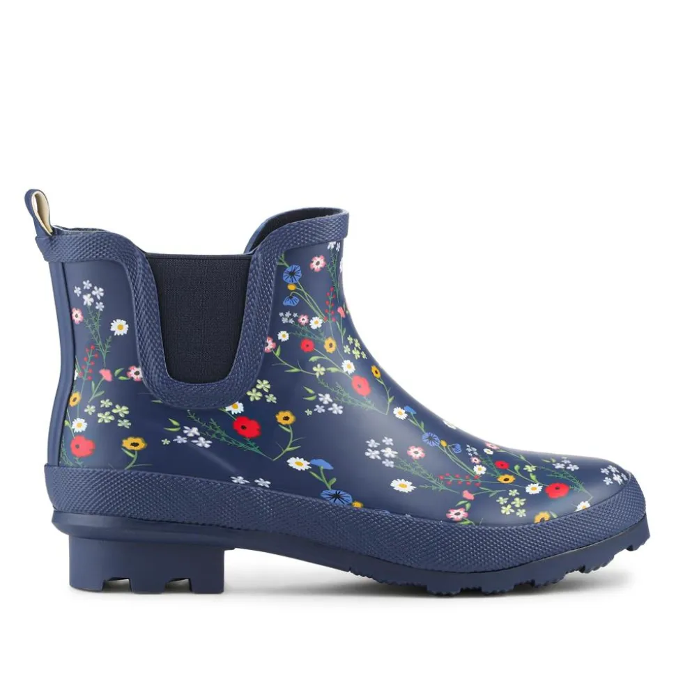 Block Heel Rubber Ankle Wellies - Navy Floral
