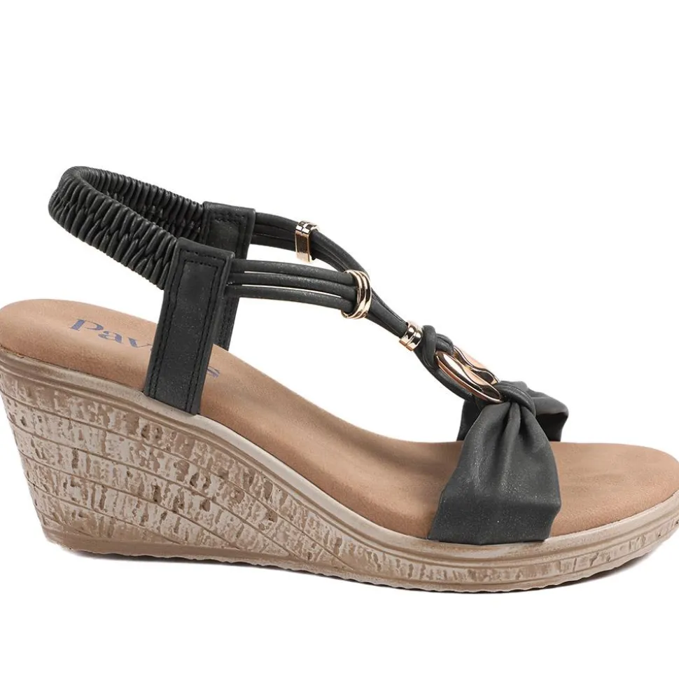 Bow Detail Wedge Slingback Sandals - Black