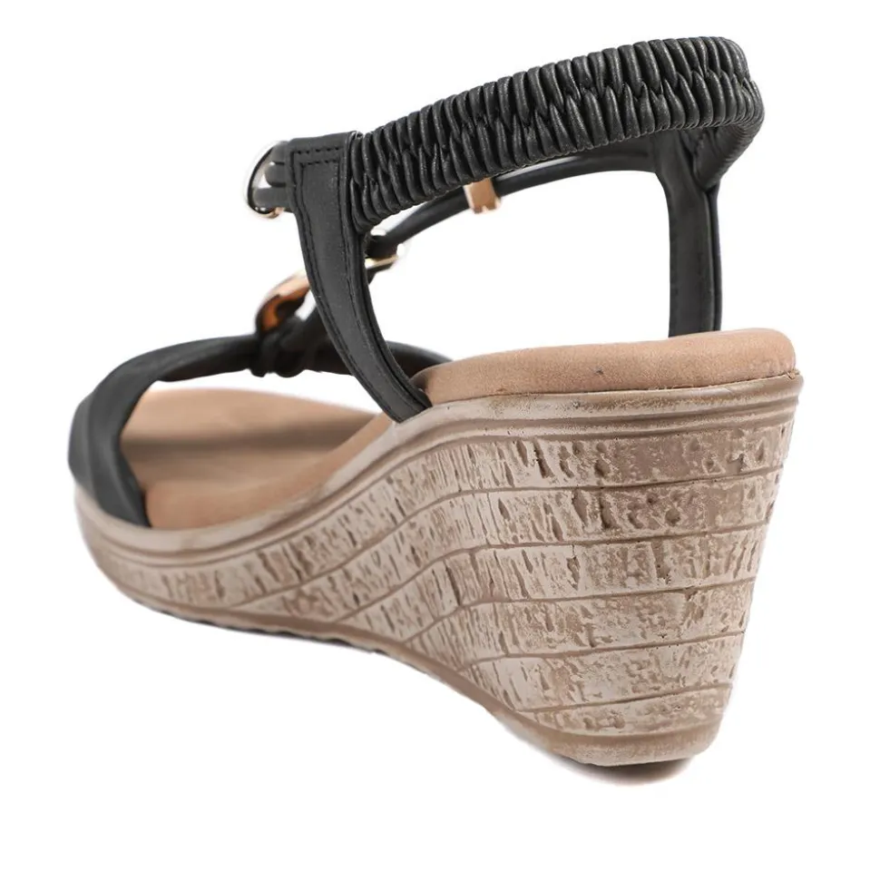 Bow Detail Wedge Slingback Sandals - Black