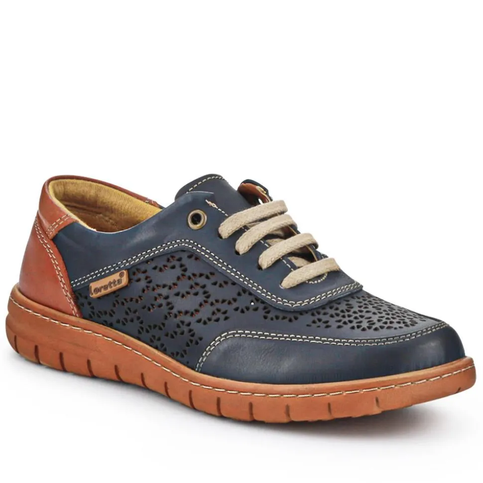 Breathable Leather Lace-Up Trainers - Navy Multi