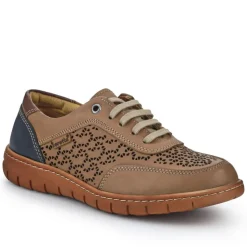 Breathable Leather Lace-Up Trainers - Taupe Multi