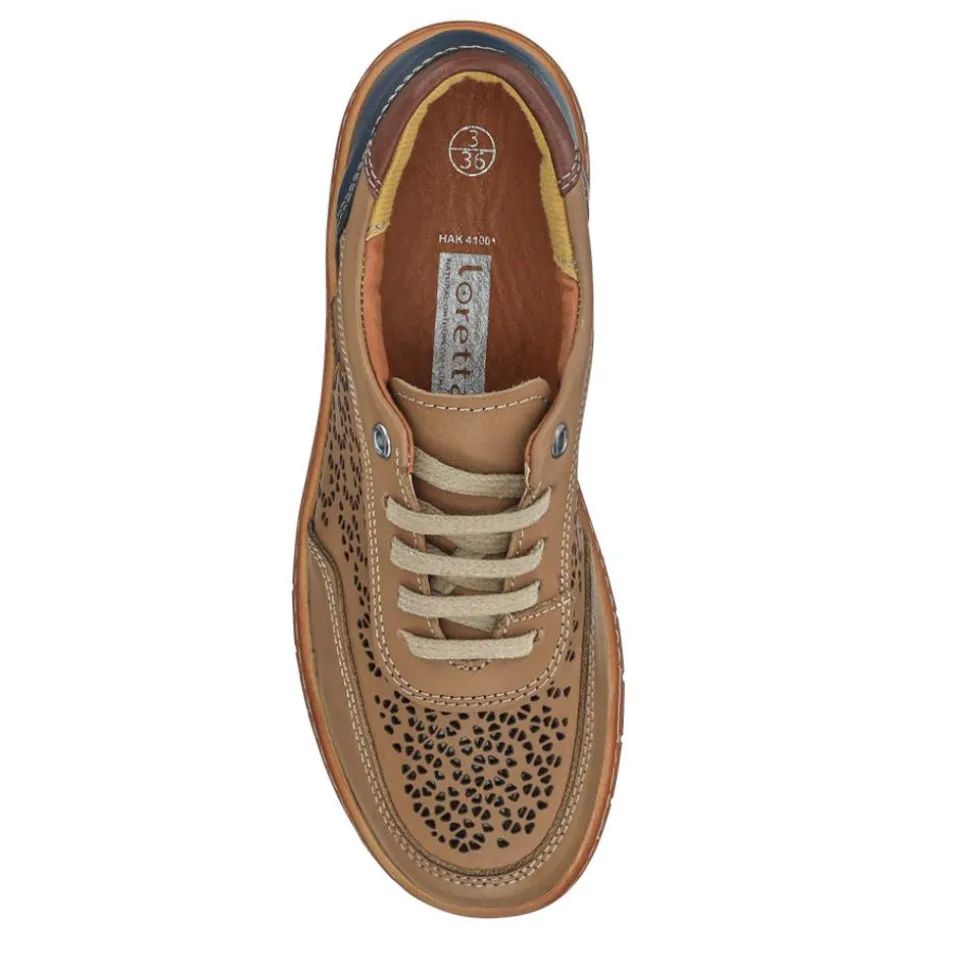 Breathable Leather Lace-Up Trainers - Taupe Multi