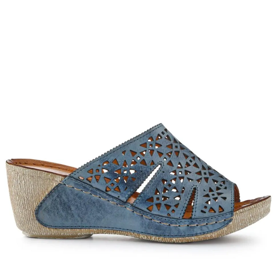 Breathable Leather Wedged Mules - Denim