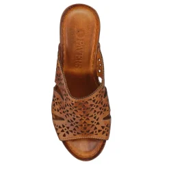 Breathable Leather Wedged Mules - Tan