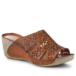Breathable Leather Wedged Mules - Tan