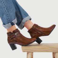 Buckled Block-Heeled Ankle Boots - Tan
