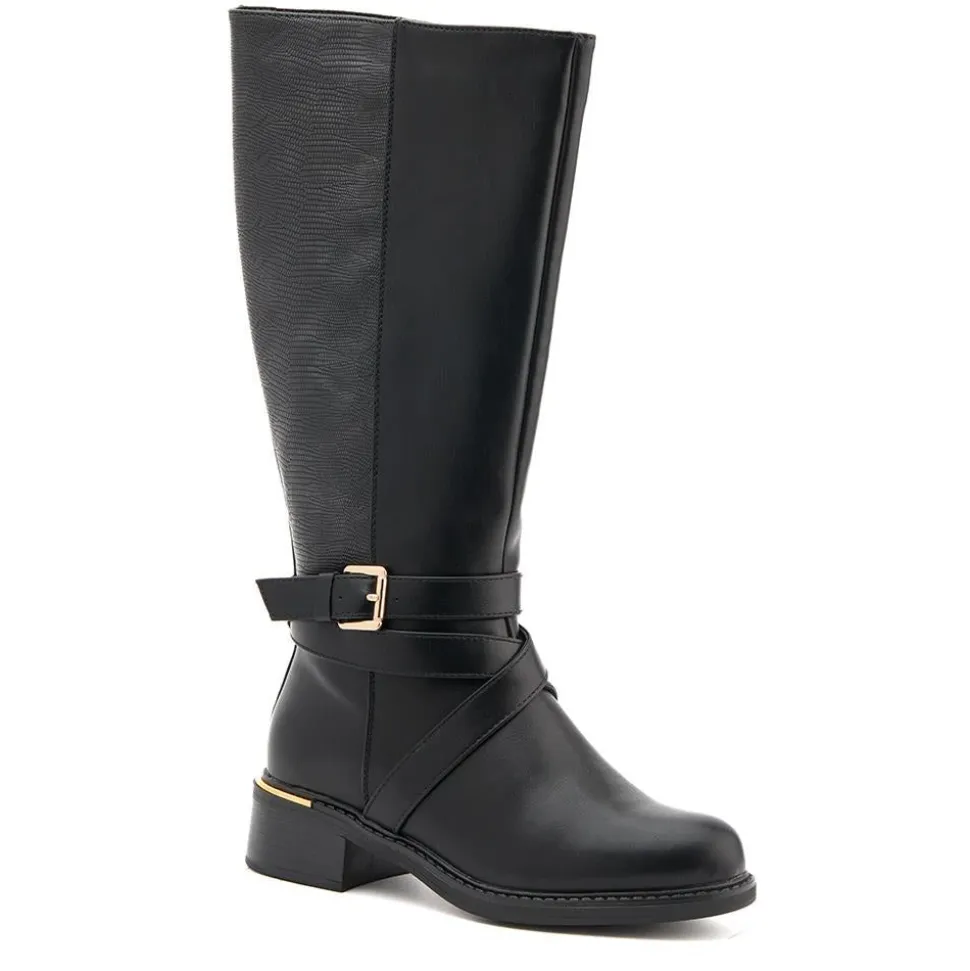 Buckled Calf-Length Boots - Black