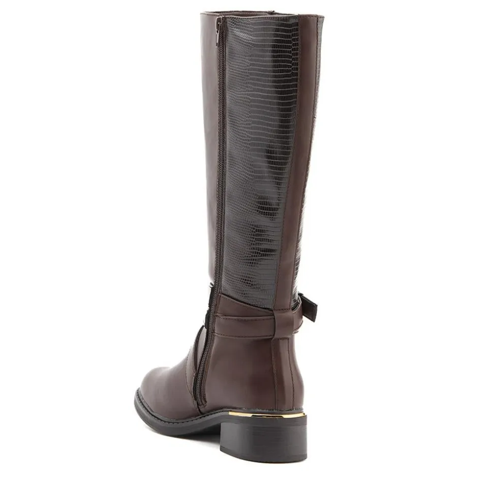 Buckled Calf-Length Boots - Brown