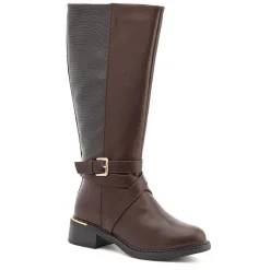 Buckled Calf-Length Boots - Brown