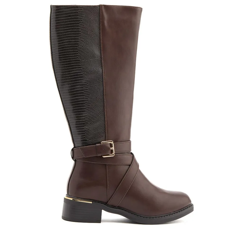 Buckled Calf-Length Boots - Brown