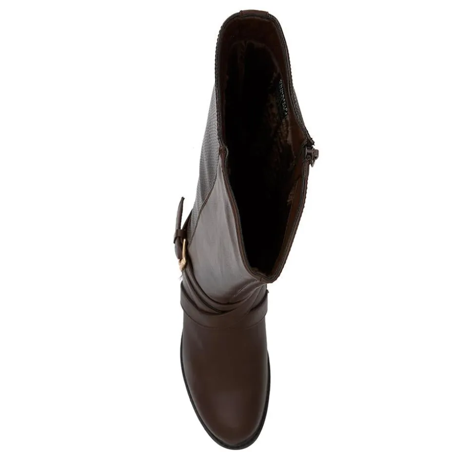 Buckled Calf-Length Boots - Brown