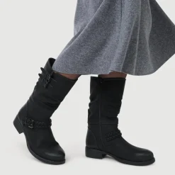 Buckle-Detailed Calf Length Boots - Black
