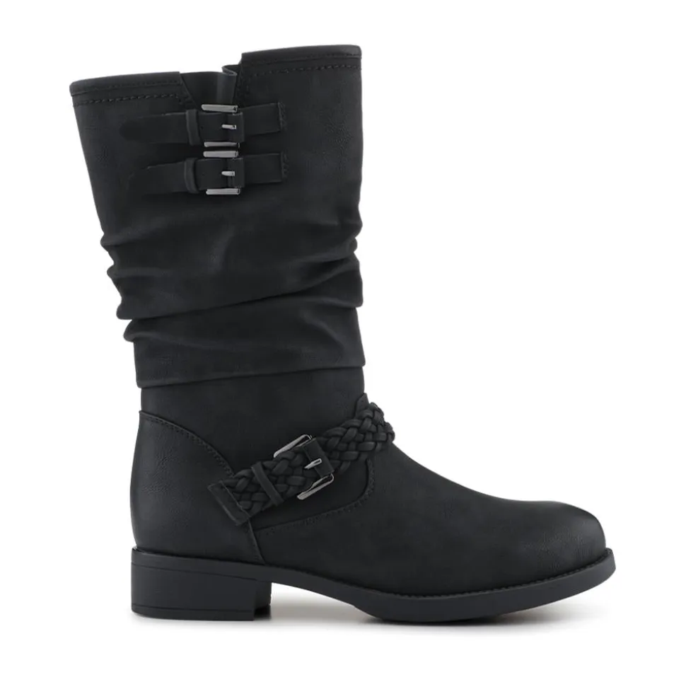 Buckle-Detailed Calf Length Boots - Black