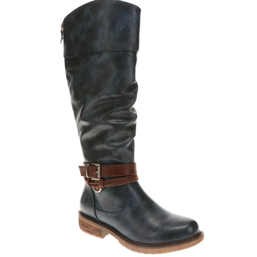 Buckle-Detailed Knee-High Boots - Navy