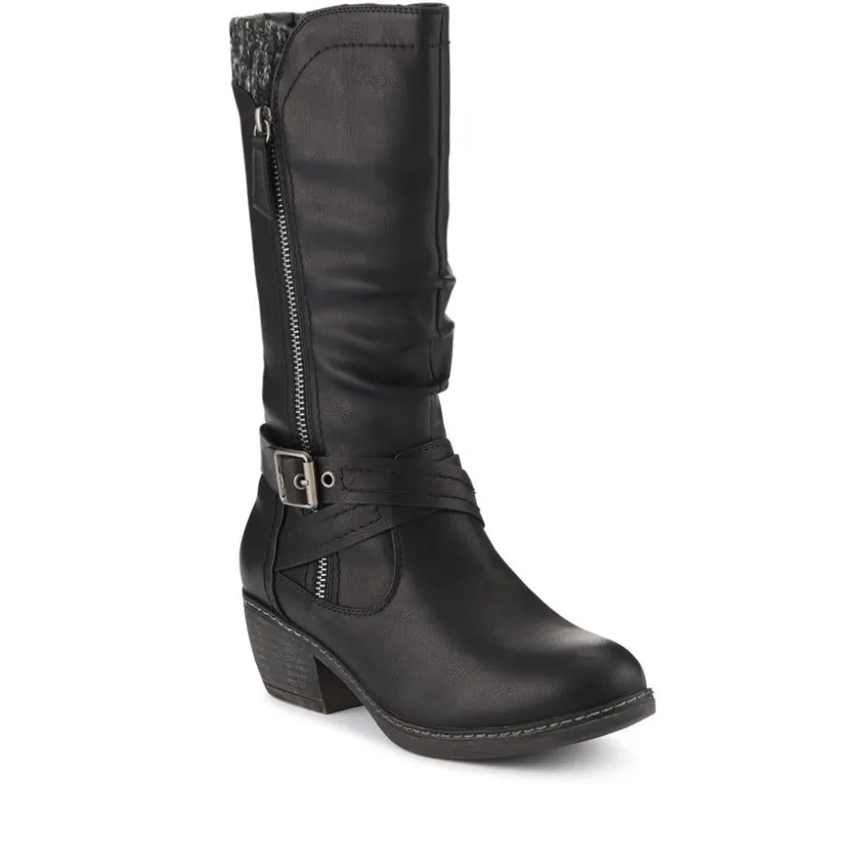 Buckle-Detailed Slouch Long Boots - Black