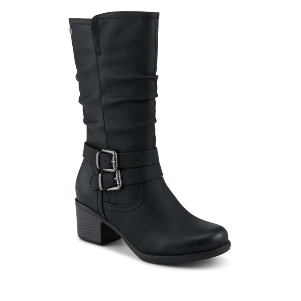 Buckle Detailed Stacked Heel Biker Boots - Black