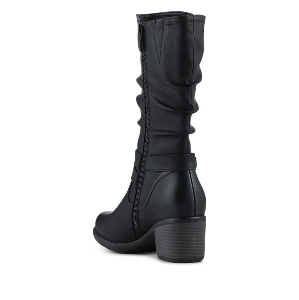 Buckle Detailed Stacked Heel Biker Boots - Black