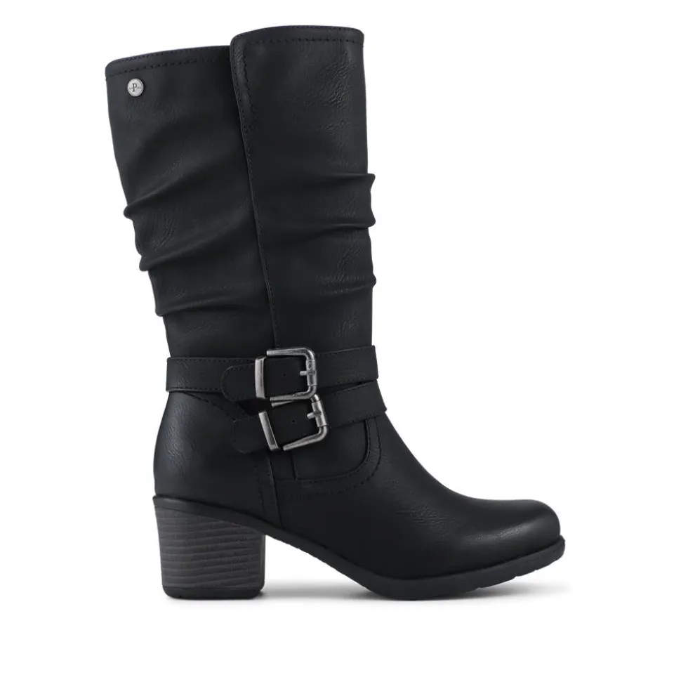Buckle Detailed Stacked Heel Biker Boots - Black