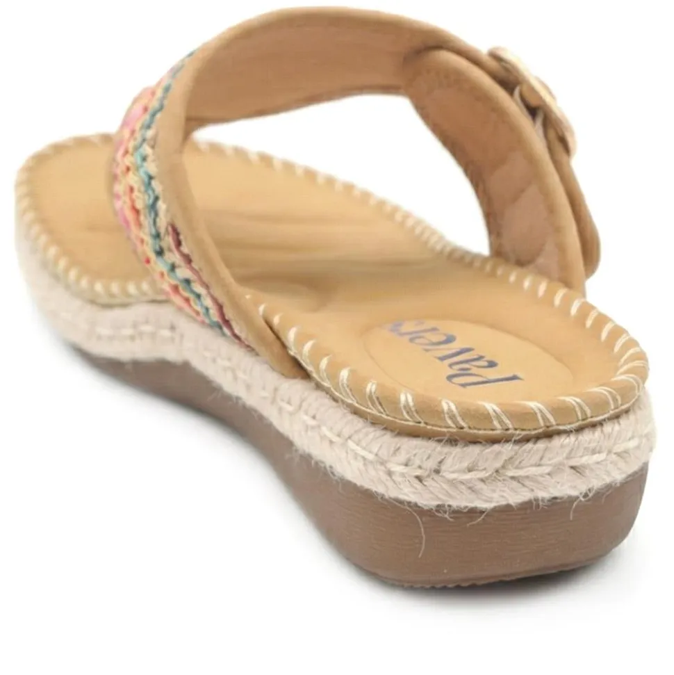 Buckle Detail Fabric Toe Post Sandals - Tan Multi