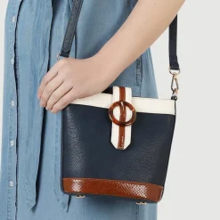 Buckle-Fasten Cross-Body Bag - Navy Tan