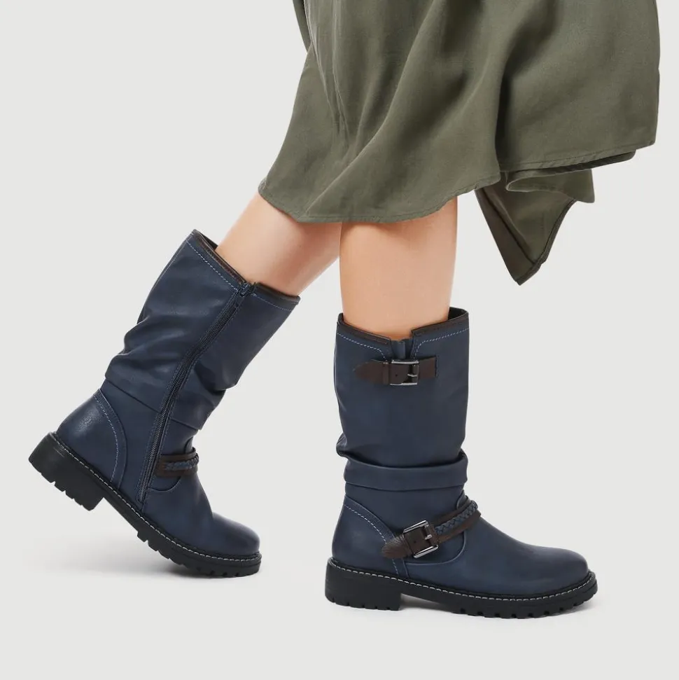Buckle Mid Calf Boots - Navy