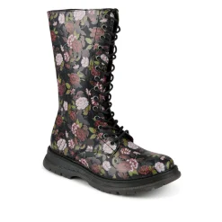 Calf-Length Boots With Inside Zip - Black Rose Floral