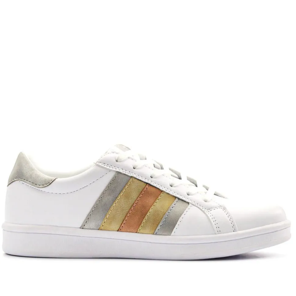 Casual Lace-Up Trainers - White Metallic