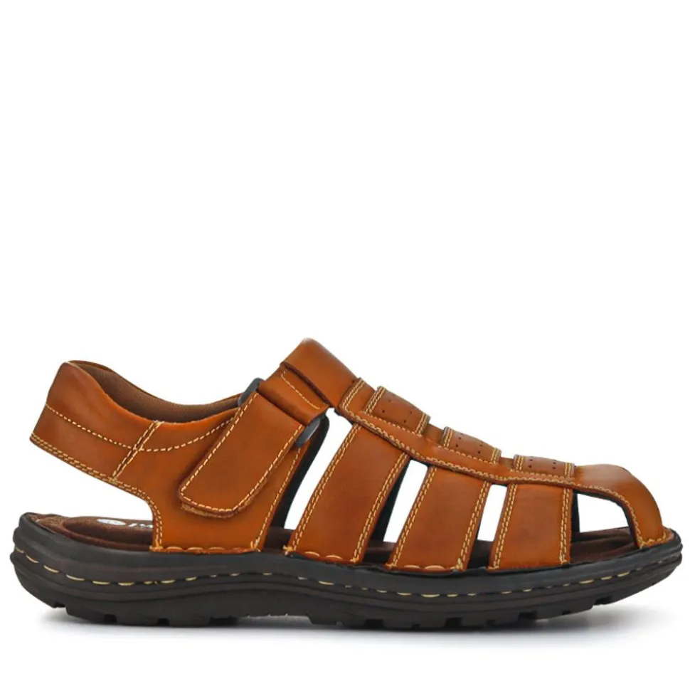Casual Leather Touch-Fasten Sandals - Tan