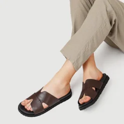 Casual Men's Leather Slide Sandals - Brown