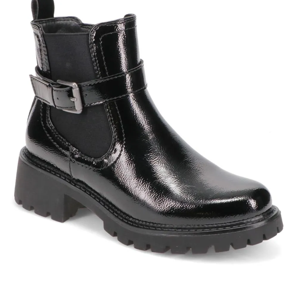 Chunky Buckled Ankle Boots - Black Patent