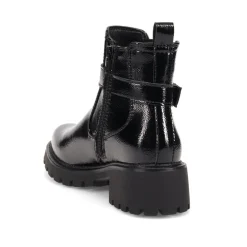 Chunky Buckled Ankle Boots - Black Patent
