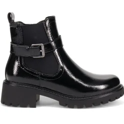 Chunky Buckled Ankle Boots - Black Patent