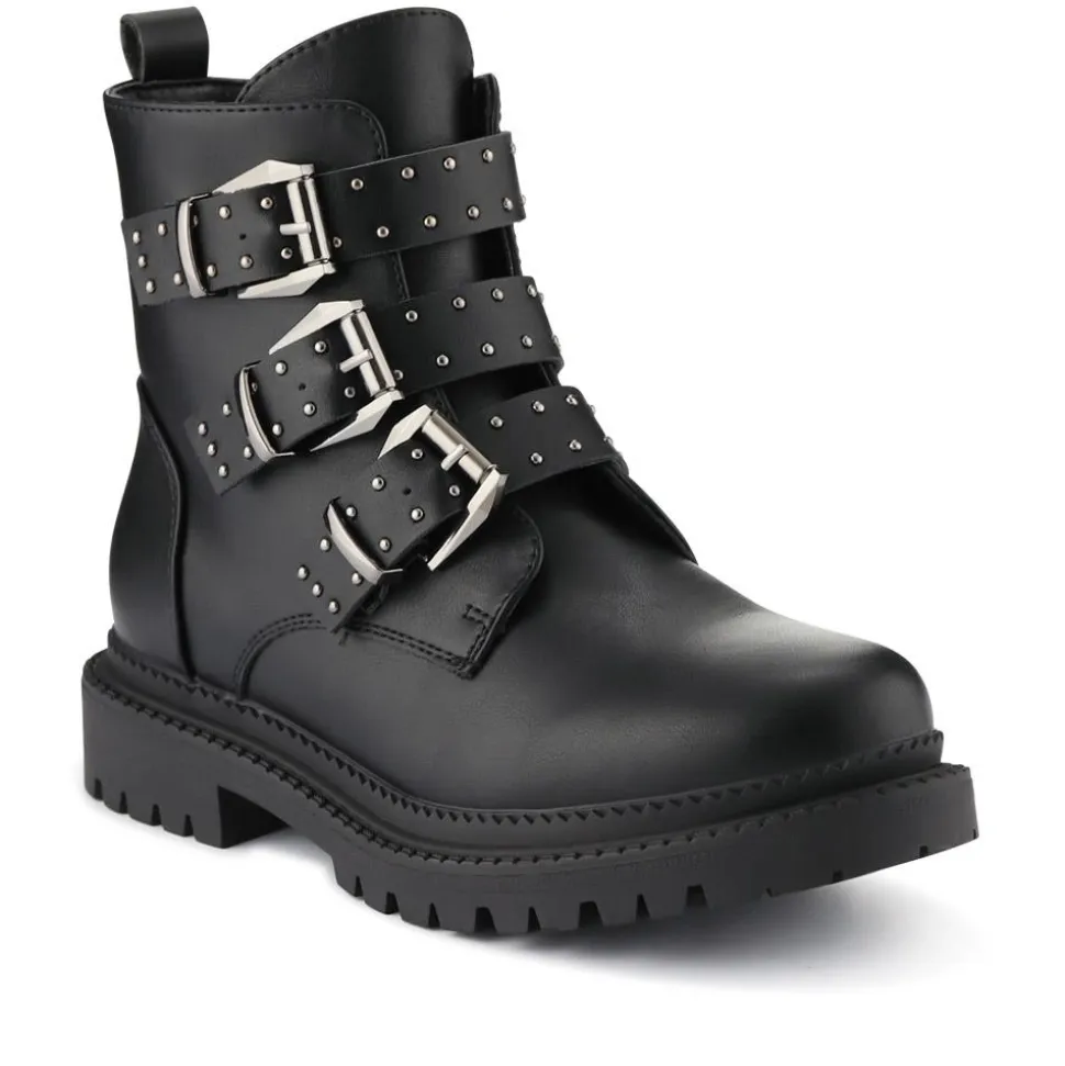Chunky Buckle-Up Ankle Boots - Black