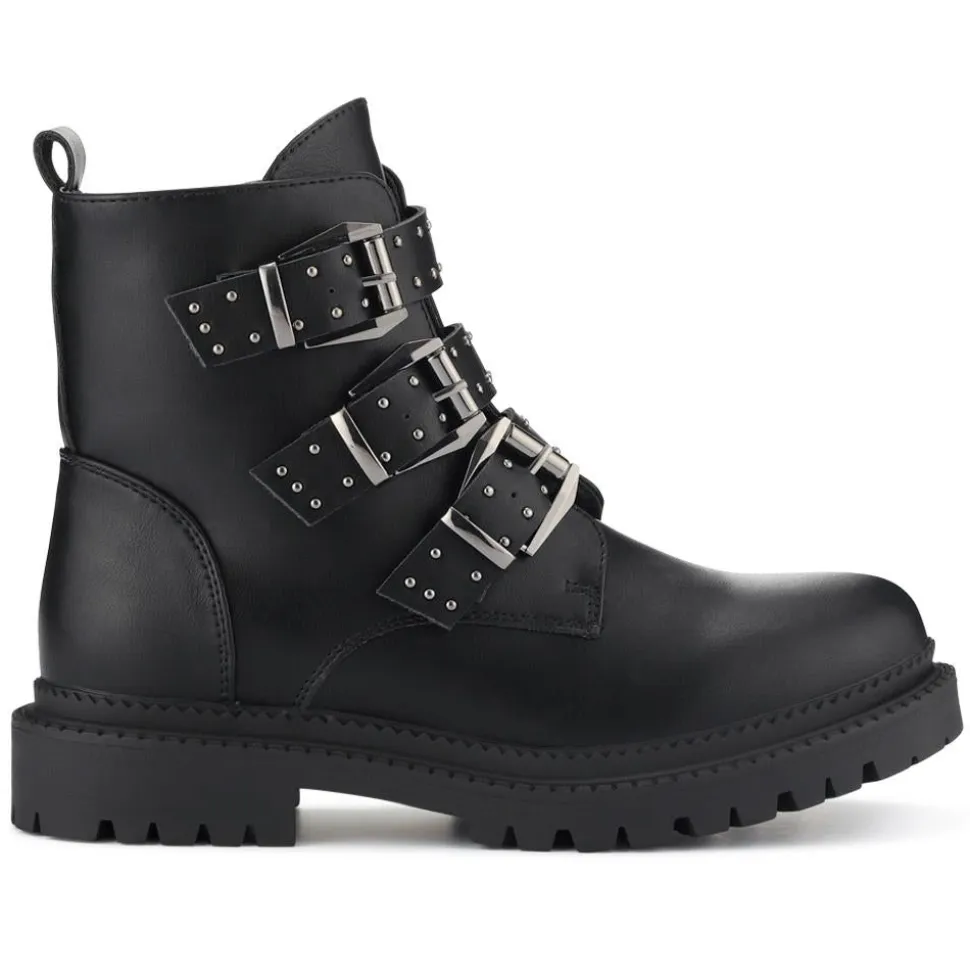 Chunky Buckle-Up Ankle Boots - Black