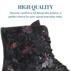 Chunky Lace-Up Ankle Boots - Black Floral