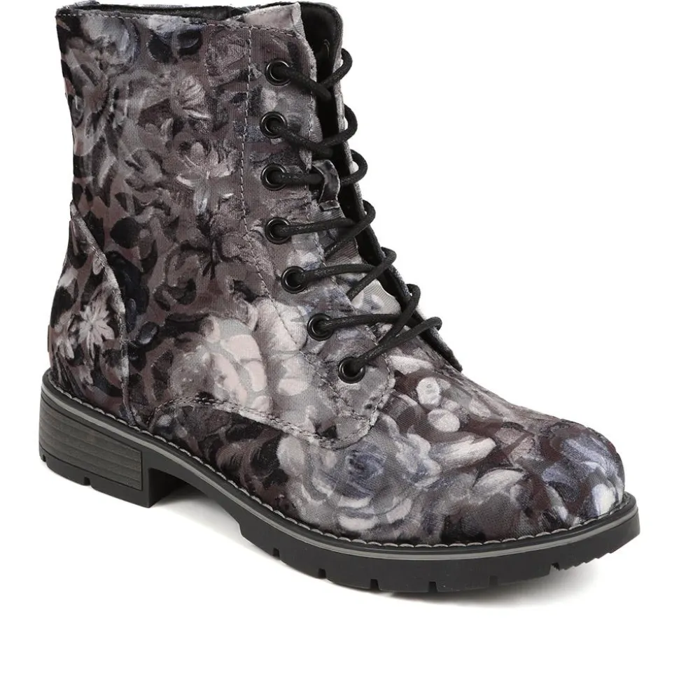 Chunky Lace-Up Ankle Boots - Grey Floral