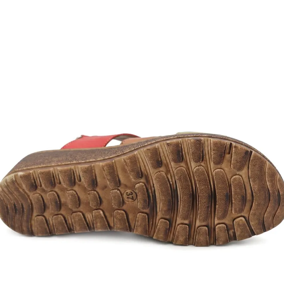 Cushioned Leather Wedge Heel Sandals - Red Multi