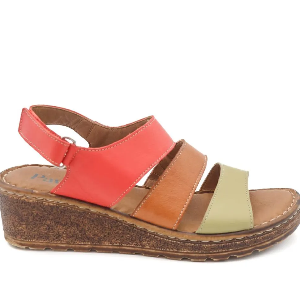 Cushioned Leather Wedge Heel Sandals - Red Multi