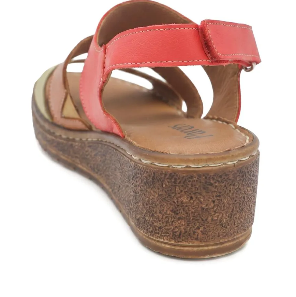 Cushioned Leather Wedge Heel Sandals - Red Multi