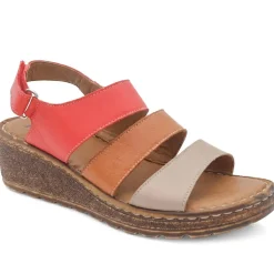 Cushioned Leather Wedge Heel Sandals - Red Multi