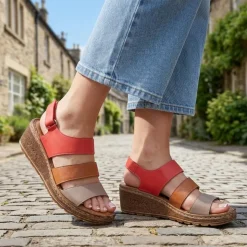 Cushioned Leather Wedge Heel Sandals - Red Multi