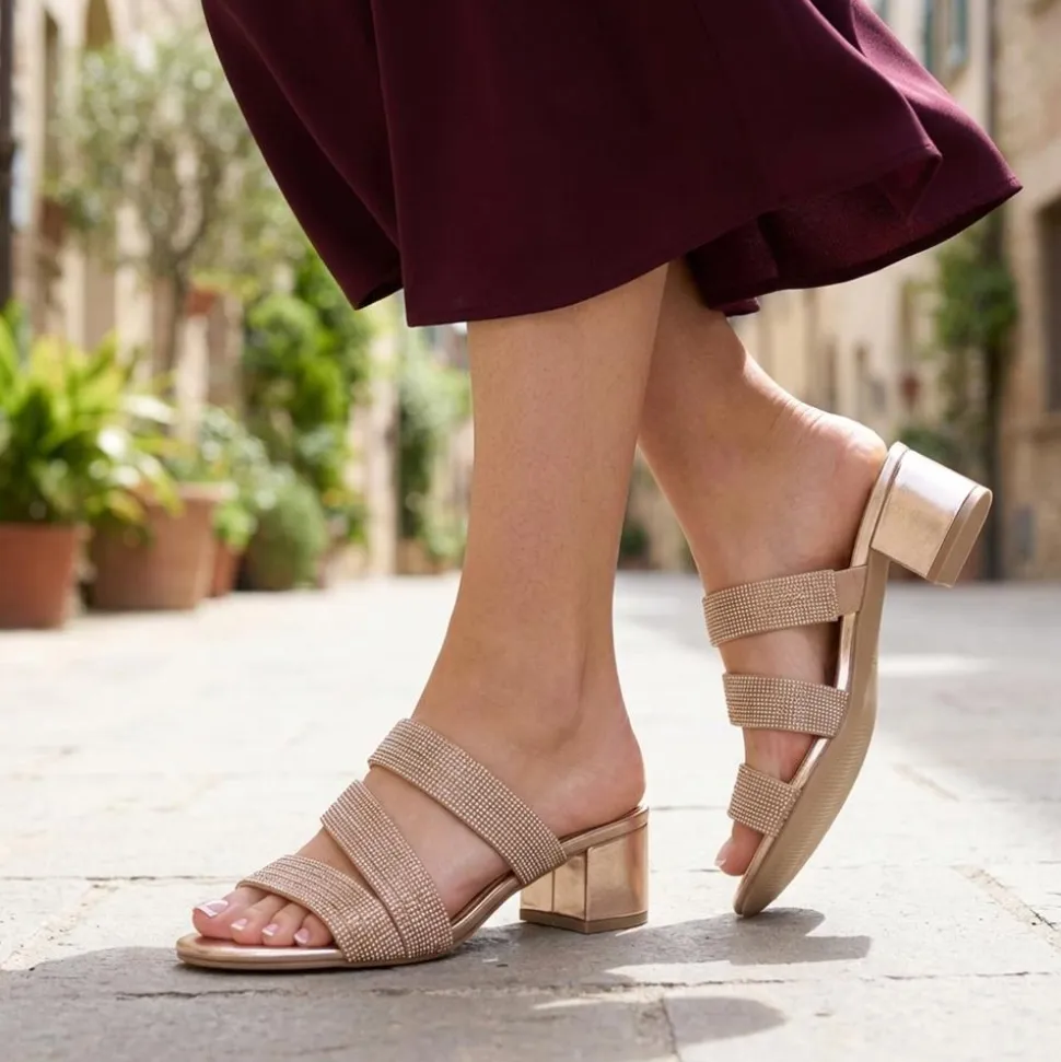Diamante Block Heel Strappy Sandals - Rose Gold