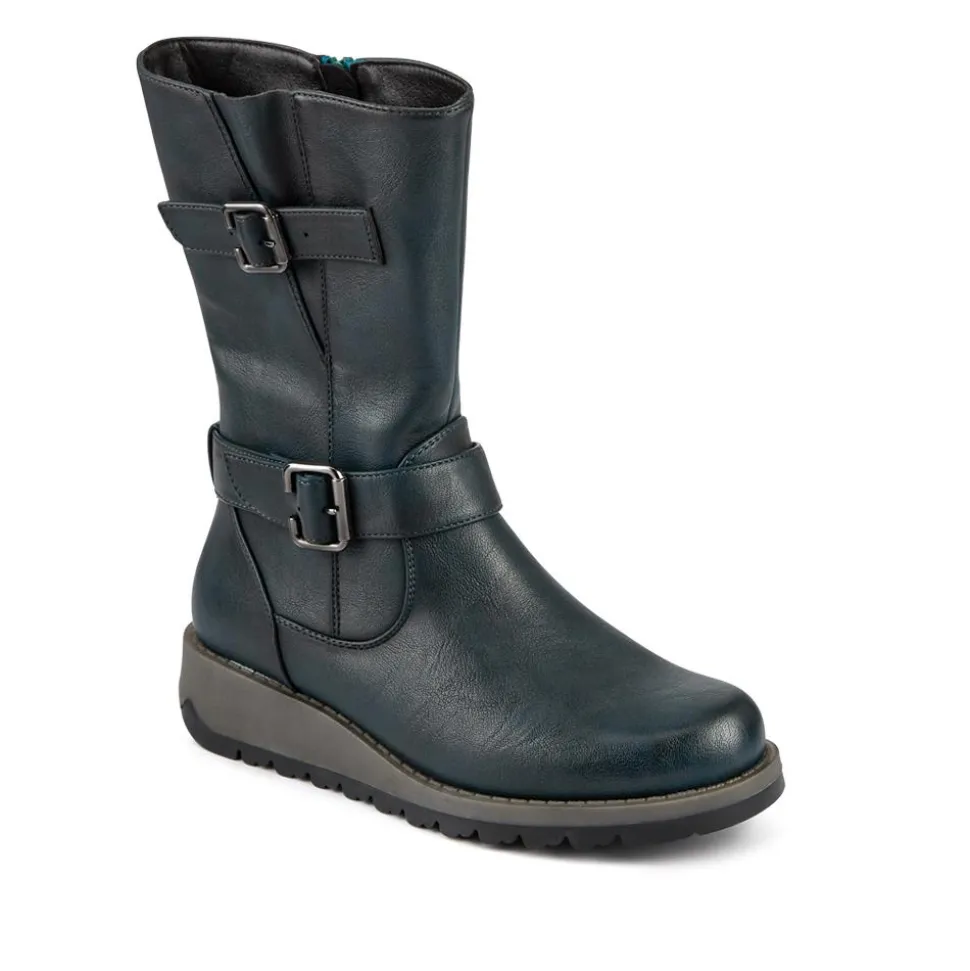 Dual Buckle Calf Length Boots - Teal