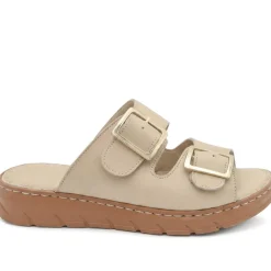 Dual Buckled Leather Chunky Mule Sandals - Beige