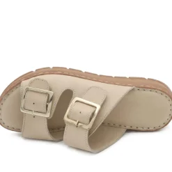 Dual Buckled Leather Chunky Mule Sandals - Beige