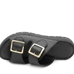 Dual Buckled Leather Chunky Mule Sandals - Black