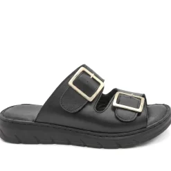 Dual Buckled Leather Chunky Mule Sandals - Black