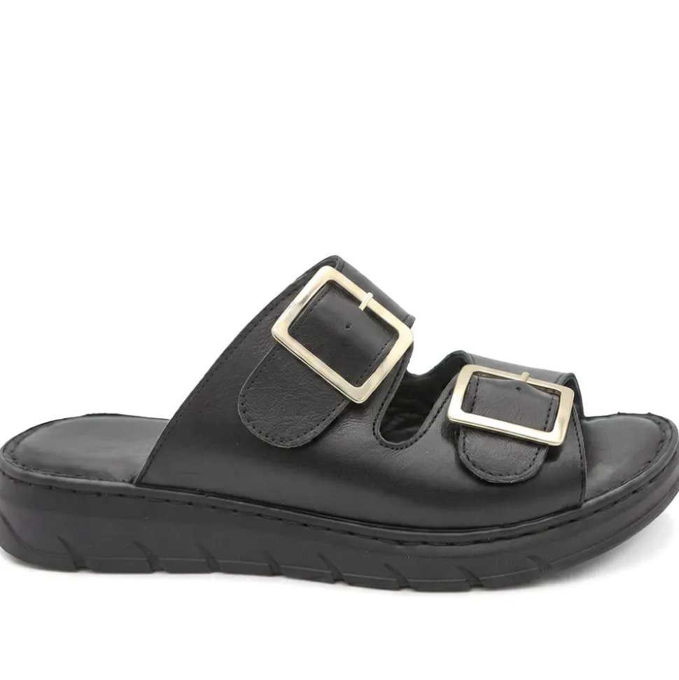 Dual Buckled Leather Chunky Mule Sandals - Black